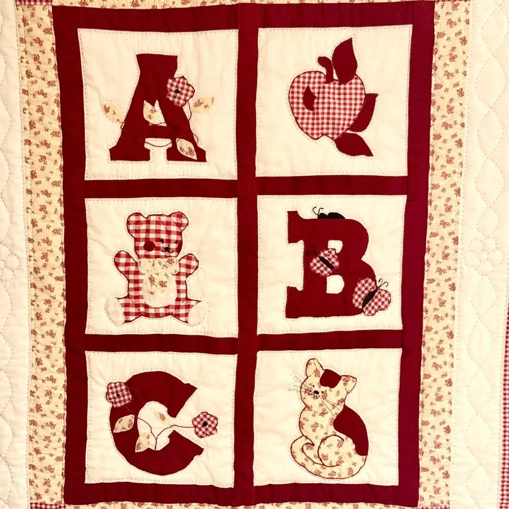 Vintage Hand Quilted ABC Wall Hanging Cat Bear Apple 1980s Frances Nash